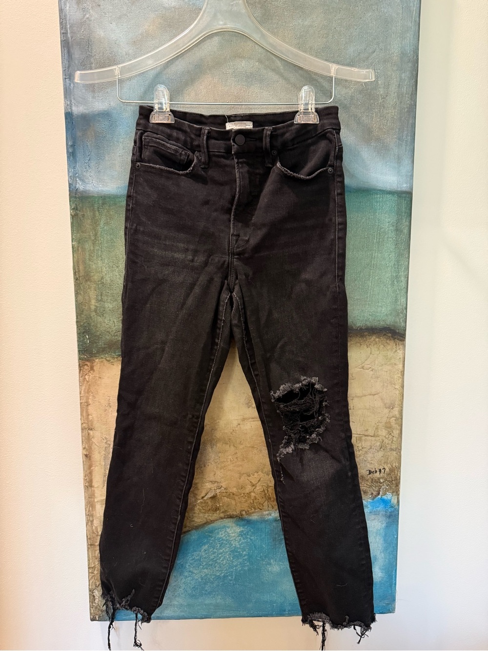 Good American Black Straight Leg Distressed Jeans 29/8